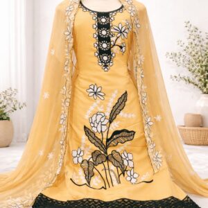 Yellow Roman Silk Embroidered Suit Set with Thread Work & Matching Dupatta